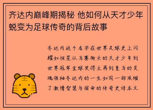 齐达内巅峰期揭秘 他如何从天才少年蜕变为足球传奇的背后故事