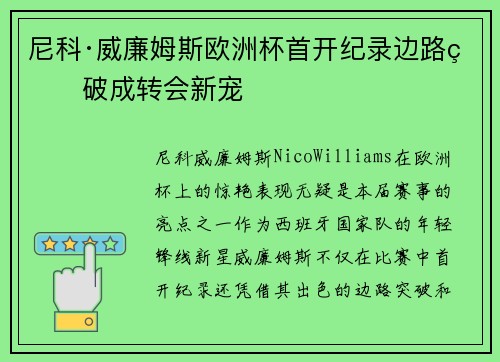 尼科·威廉姆斯欧洲杯首开纪录边路爆破成转会新宠 尼科·威廉姆斯欧洲杯首开纪录边路爆破成转会新宠